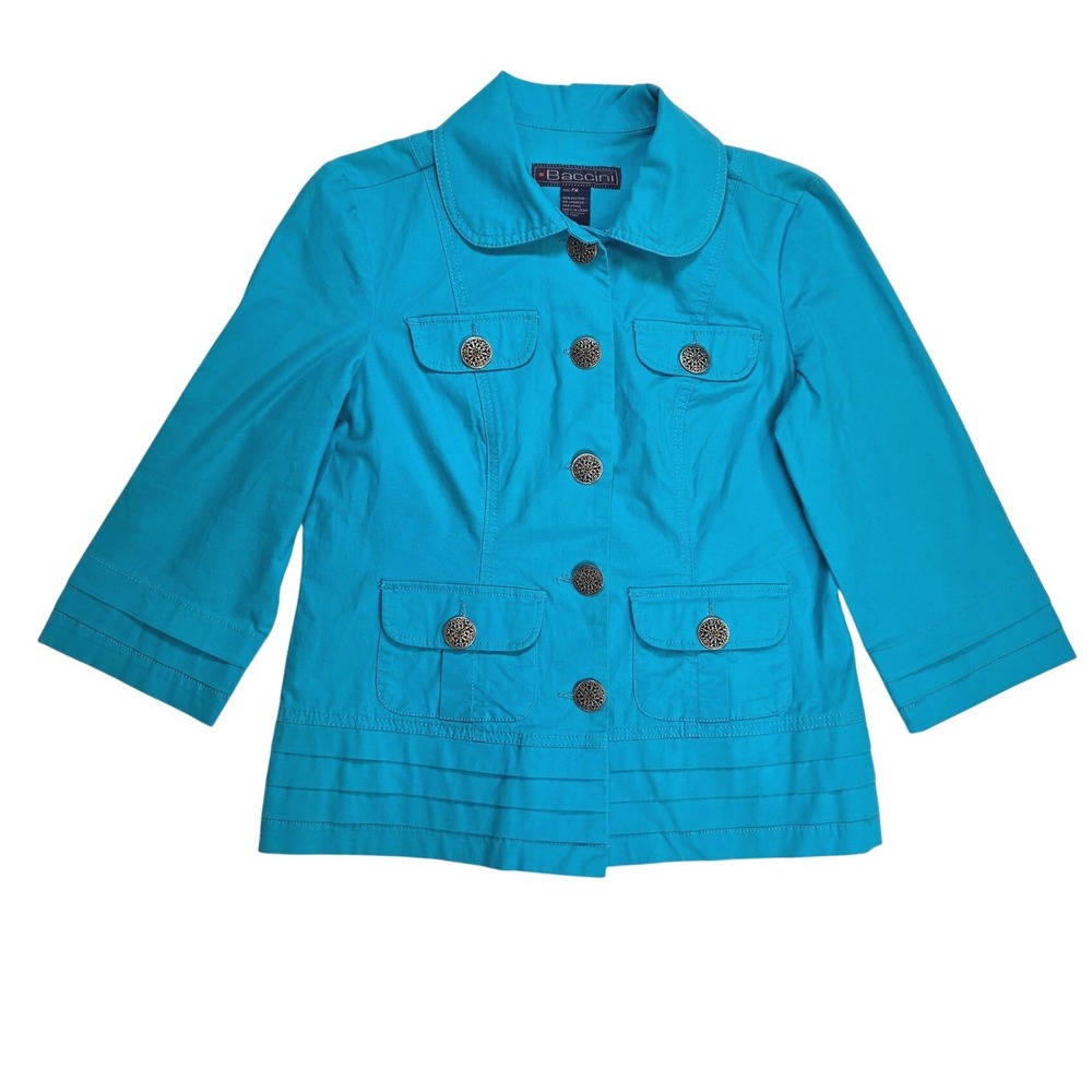 Baccini Women Jacket Aqua Blue Button Down Stretch Street Spring Fashion PetiteM